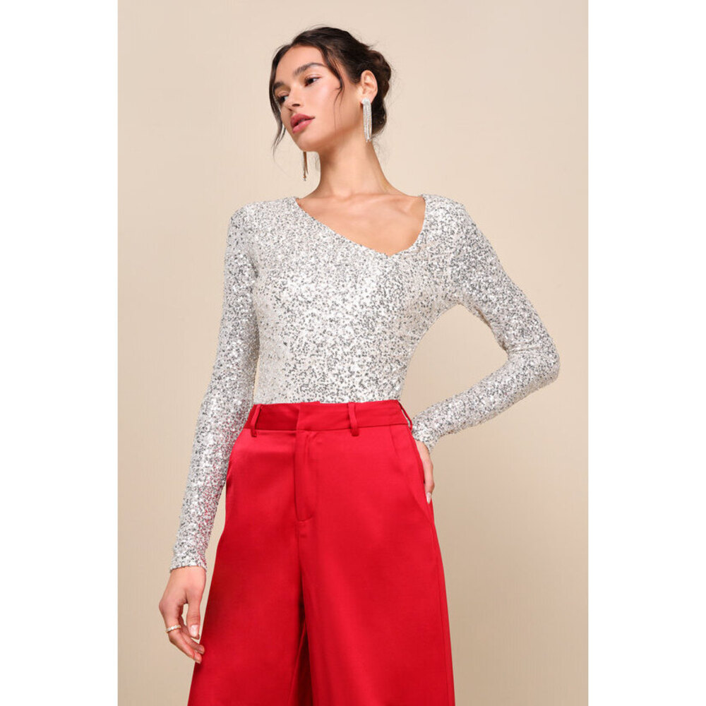 Lulus Unique Vibe Beige Sequin Asymmetrical Long Sleeve Top - Size S